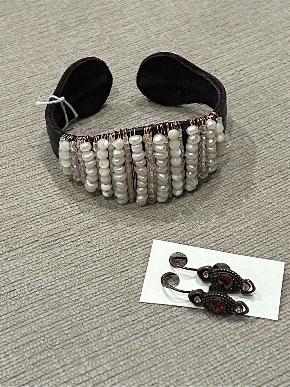 Beaded freshwater Pearl Accent leather Cuff Bracelet w/ crystal earring set